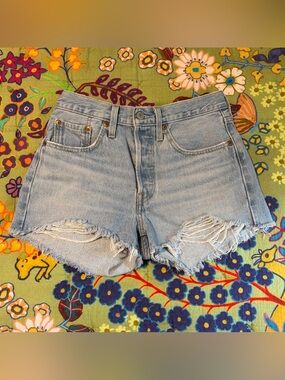 Levi’s 501 High-Rise Light Blue Distressed Denim Shorts
